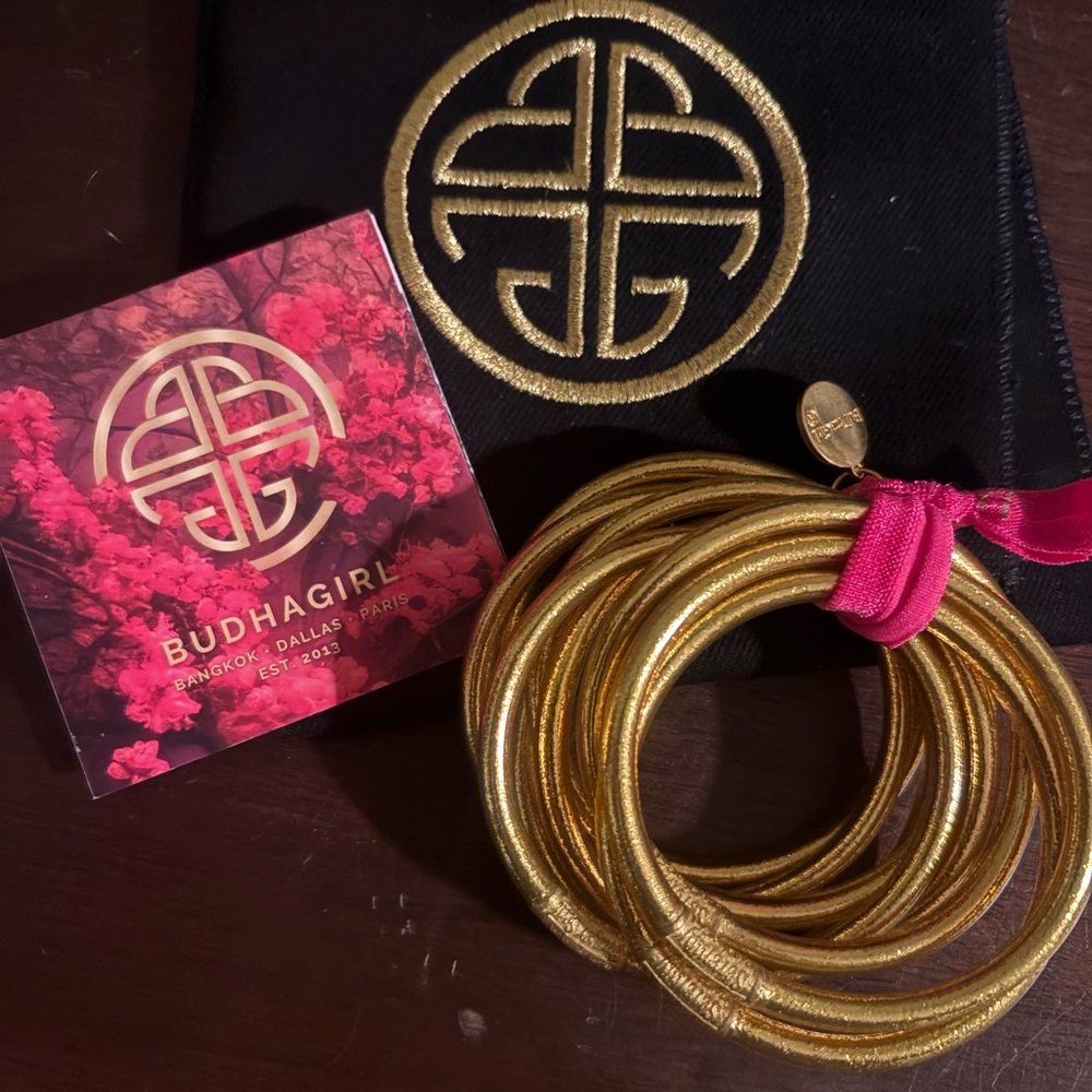 BudhaGirl Gold Stretch Bracelet Set with Pink Accent
